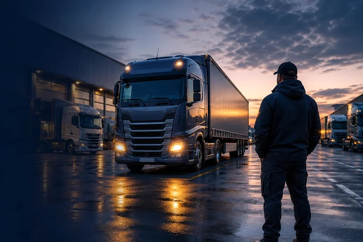 Unbranded articulated truck at a European freight depot used for road freight workforce research